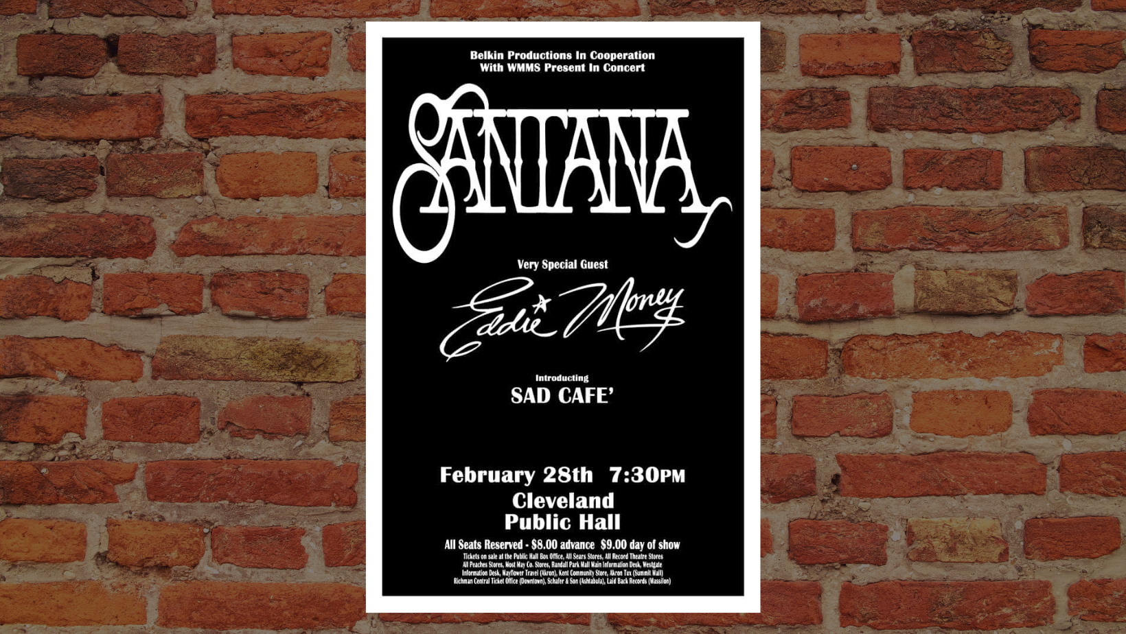 Santana and Eddie Money vintage Cleveland show poster Raw Sugar Studio